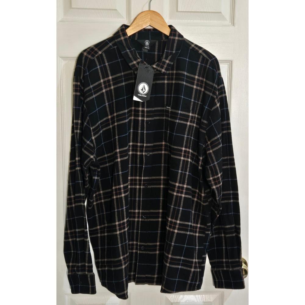 Volcom Leland Flannel LS Shirt Mens XXL Black Plaid Cotton A0502402 NWT